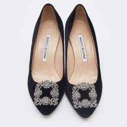 Pre Owned Manolo Blahnik Black Velvet Hangisi Crystal Embellished Pumps Size 36
