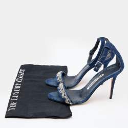Pre Owned Manolo Blahnik Blue Denim Crystal Embellished Ankle Strap Sandals Size 36.5