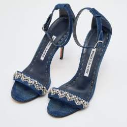 Pre Owned Manolo Blahnik Blue Denim Crystal Embellished Ankle Strap Sandals Size 36.5