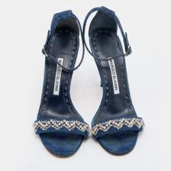 Pre Owned Manolo Blahnik Blue Denim Crystal Embellished Ankle Strap Sandals Size 36.5