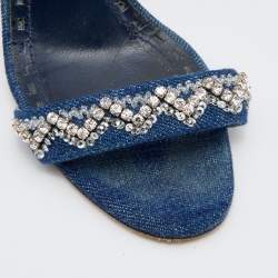 Pre Owned Manolo Blahnik Blue Denim Crystal Embellished Ankle Strap Sandals Size 36.5