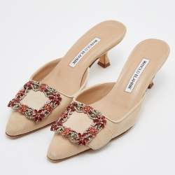 Manolo Blahnik Beige Suede Maysale Crystal Embellished Mules Size 36