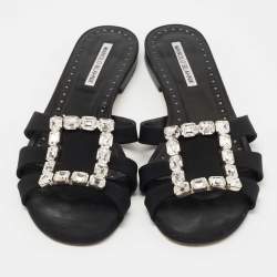 Pre Owned Manolo Blahnik Black Fabric Iluna Slide Flats Size 40