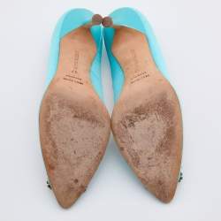 Pre Owned Manolo Blahnik Blue Satin Hangisi Crystal Embellished Pumps Size 37