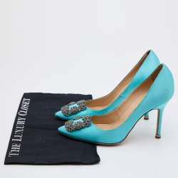 Pre Owned Manolo Blahnik Blue Satin Hangisi Crystal Embellished Pumps Size 37