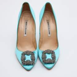 Pre Owned Manolo Blahnik Blue Satin Hangisi Crystal Embellished Pumps Size 37