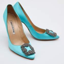 Pre Owned Manolo Blahnik Blue Satin Hangisi Crystal Embellished Pumps Size 37