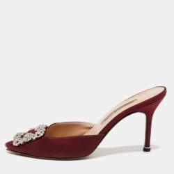 Pre Owned Manolo Blahnik Burgundy Satin Hangisimu Mules Size 37.5