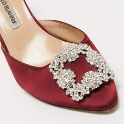 Pre Owned Manolo Blahnik Burgundy Satin Hangisimu Mules Size 37.5