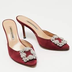 Pre Owned Manolo Blahnik Burgundy Satin Hangisimu Mules Size 37.5