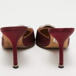 Pre Owned Manolo Blahnik Burgundy Satin Hangisimu Mules Size 37.5