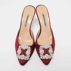 Pre Owned Manolo Blahnik Burgundy Satin Hangisimu Mules Size 37.5