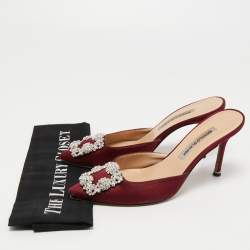 Pre Owned Manolo Blahnik Burgundy Satin Hangisimu Mules Size 37.5