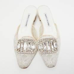 Manolo Blahnik White Lace Crystal Embellished Block Heel Pumps Size 37