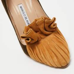 Pre Owned Manolo Blahnik Army Green/Brown Suede Arleti Frill Pumps Size 37.5