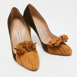 Pre Owned Manolo Blahnik Army Green/Brown Suede Arleti Frill Pumps Size 37.5