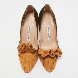 Pre Owned Manolo Blahnik Army Green/Brown Suede Arleti Frill Pumps Size 37.5