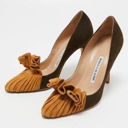 Pre Owned Manolo Blahnik Army Green/Brown Suede Arleti Frill Pumps Size 37.5
