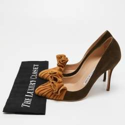 Pre Owned Manolo Blahnik Army Green/Brown Suede Arleti Frill Pumps Size 37.5