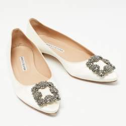 Manolo Blahnik Off White Satin Hangisi Ballet Flats Size 37.5