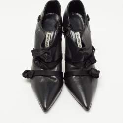 Pre Owned Manolo Blahnik Black Leather Bow Booties Size 40.5