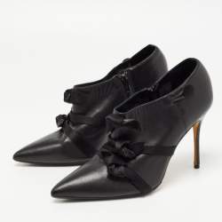 Pre Owned Manolo Blahnik Black Leather Bow Booties Size 40.5
