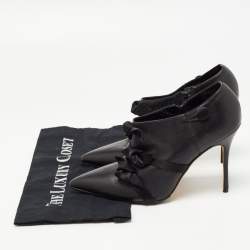 Pre Owned Manolo Blahnik Black Leather Bow Booties Size 40.5