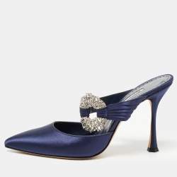 Manolo Blahnik Navy Blue Satin Crystal Embellished Pointed Toe Mules Size 39