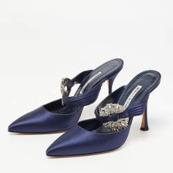 Manolo Blahnik Navy Blue Satin Crystal Embellished Pointed Toe Mules Size 39