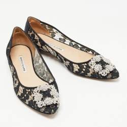Manolo Blahnik Black Lace and Satin Hangisi Ballet Flats Size 39