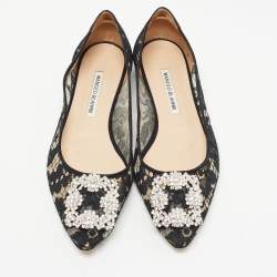 Manolo Blahnik Black Lace and Satin Hangisi Ballet Flats Size 39