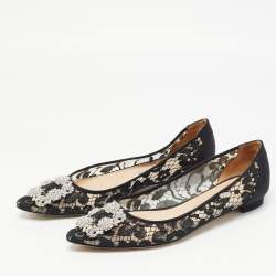 Manolo Blahnik Black Lace and Satin Hangisi Ballet Flats Size 39