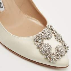Manolo Blahnik Off White Satin Hangisi Pumps Size 37.5