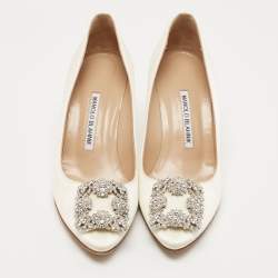 Manolo Blahnik Off White Satin Hangisi Pumps Size 37.5
