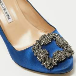 Pre Owned Manolo Blahnik Blue Satin Hangisi Pumps Size 37.5