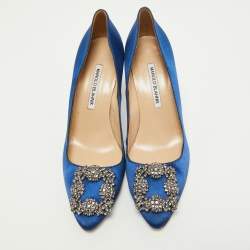 Pre Owned Manolo Blahnik Blue Satin Hangisi Pumps Size 37.5