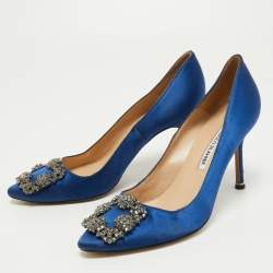 Pre Owned Manolo Blahnik Blue Satin Hangisi Pumps Size 37.5