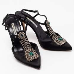Pre Owned Manolo Blahnik Black Satin Jamala Crystal Embellished Ankle Strap Sandals Size 39