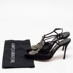 Pre Owned Manolo Blahnik Black Satin Jamala Crystal Embellished Ankle Strap Sandals Size 39