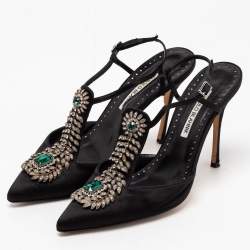 Pre Owned Manolo Blahnik Black Satin Jamala Crystal Embellished Ankle Strap Sandals Size 39