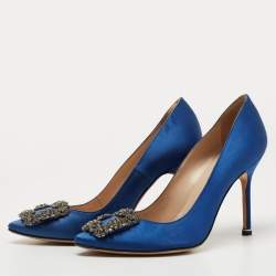 Pre Owned Manolo Blahnik Blue Satin Hangisi Pumps Size 37