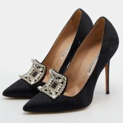 Pre Owned Manolo Blahnik Black Satin Borlak Crystal Embellished Pointed Toe Pumps Size 38