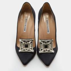 Pre Owned Manolo Blahnik Black Satin Borlak Crystal Embellished Pointed Toe Pumps Size 38