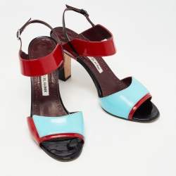 Pre Owned Manolo Blahnik Multicolor Patent Leather Ankle Strap Sandals Size 38.5