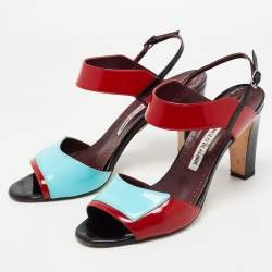 Pre Owned Manolo Blahnik Multicolor Patent Leather Ankle Strap Sandals Size 38.5