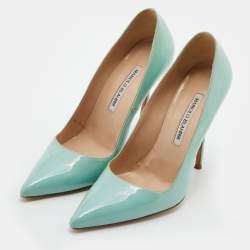 Pre Owned Manolo Blahnik Mint Green Patent Leather BB Pointed Toe Pumps Size 37
