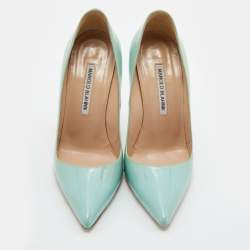 Pre Owned Manolo Blahnik Mint Green Patent Leather BB Pointed Toe Pumps Size 37