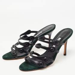 Pre Owned Manolo Blahnik Black Leather Strappy Slides Size 38