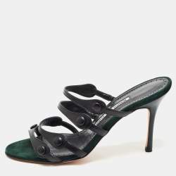 Pre Owned Manolo Blahnik Black Leather Strappy Slides Size 38