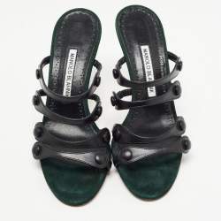 Pre Owned Manolo Blahnik Black Leather Strappy Slides Size 38